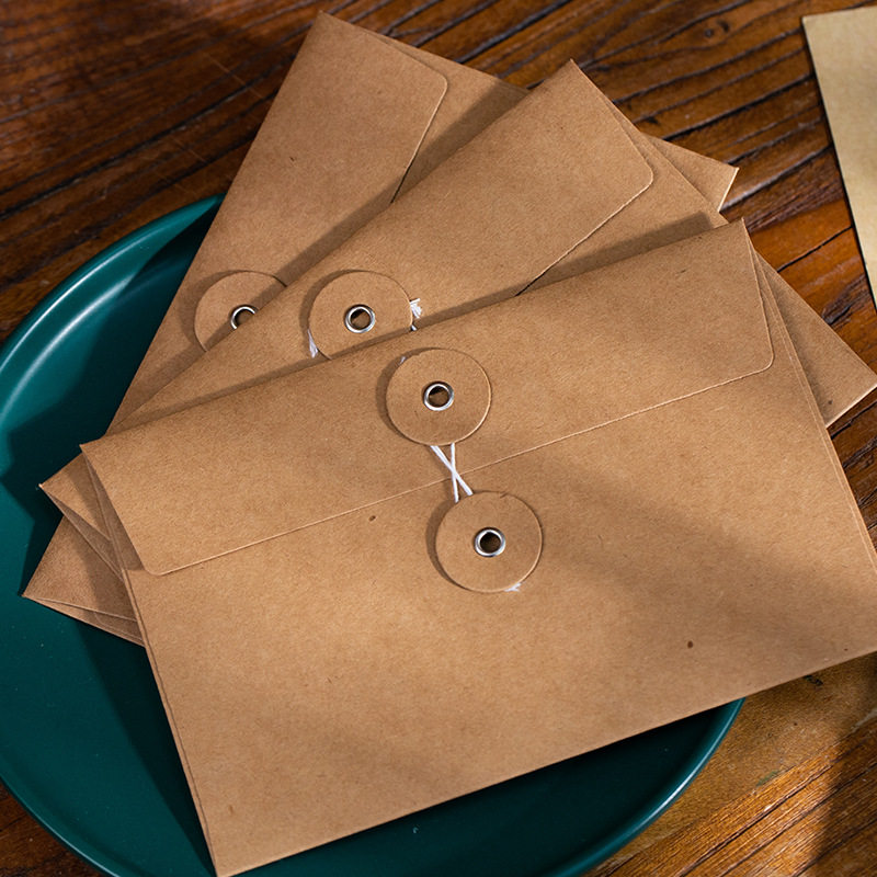 Custom Logo Printed Small Recycled Brown Kraft Paper Envelope with String and Button Closure